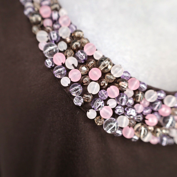 Escada Sport Top Womens Large Brown Blouse Pink Beads Neckline Stretch Knit - Picture 6 of 14